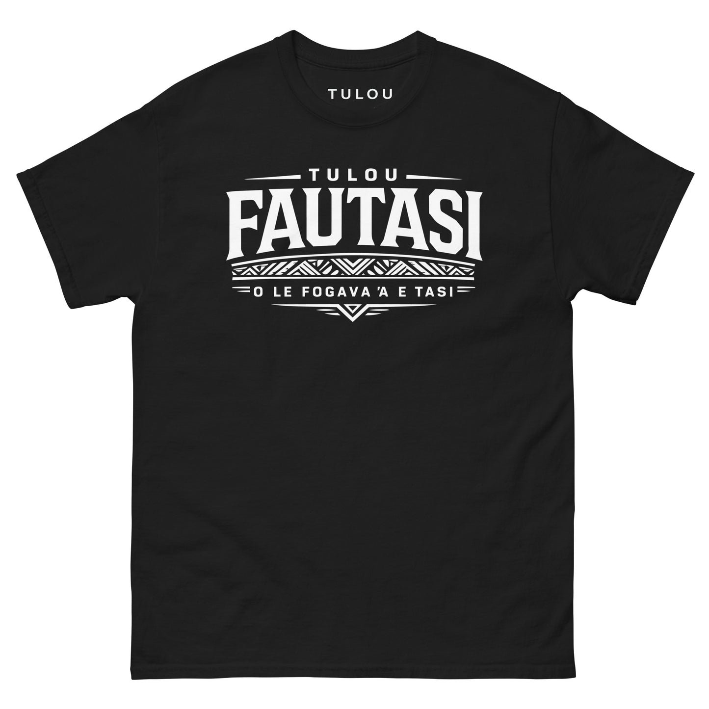 Black t-shirt with white Fautasi text and brand name on a white background
