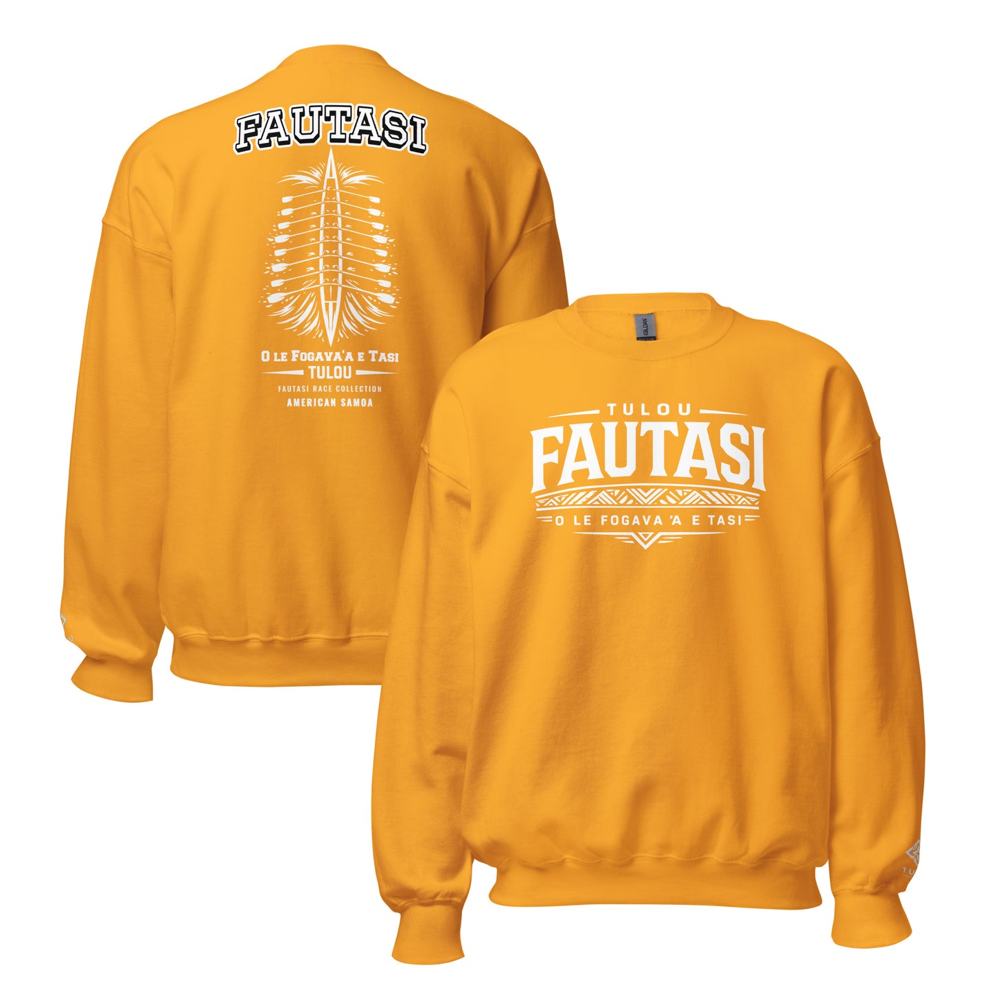 Gold sweatshirt with fautasi logo prints back and front against a white background