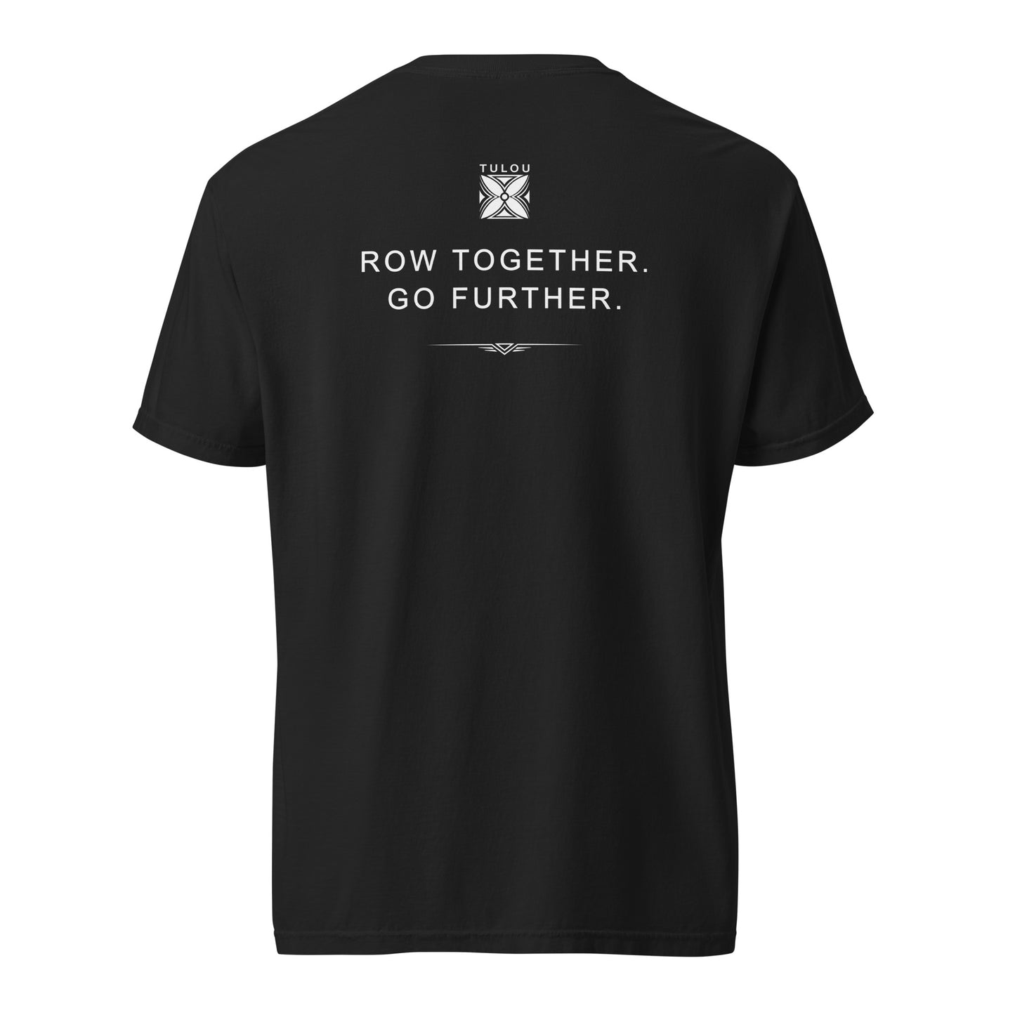Black t-shirt on a white background with logo and text that says "ROW TOGETHER. GO FURTHER."