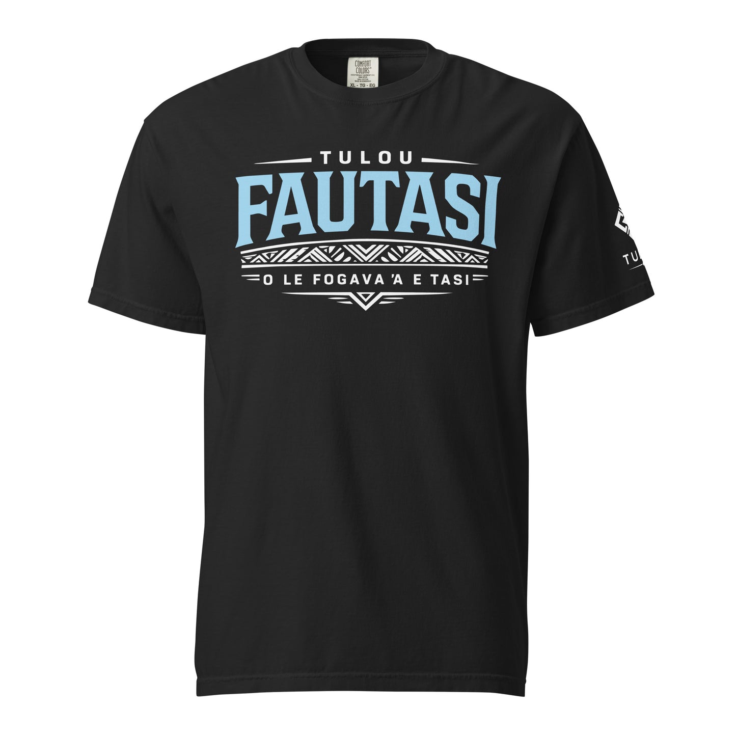 black tulou shirt with fautasi graphic against a white background
