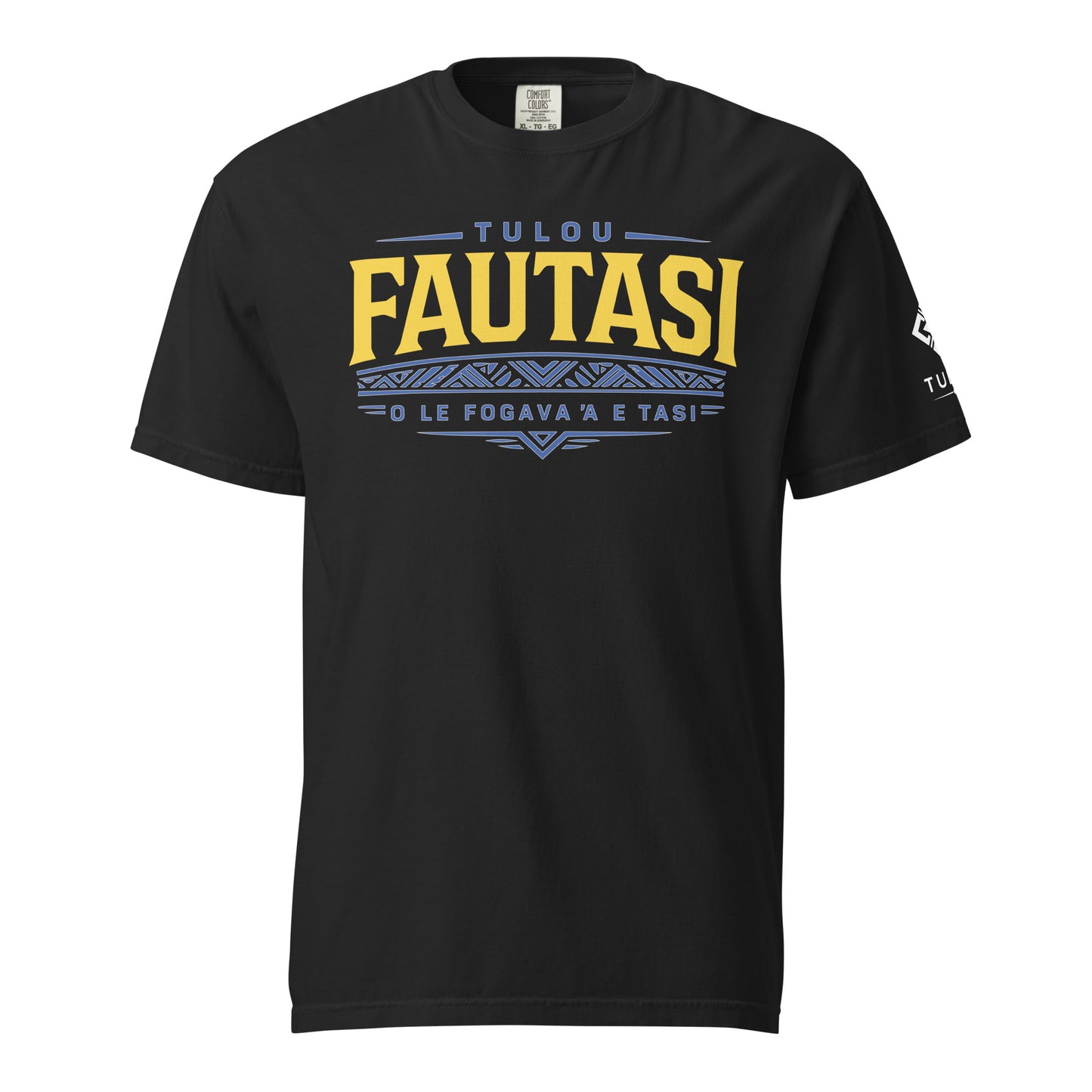 Black t-shirt with yellow and blue text on a white background