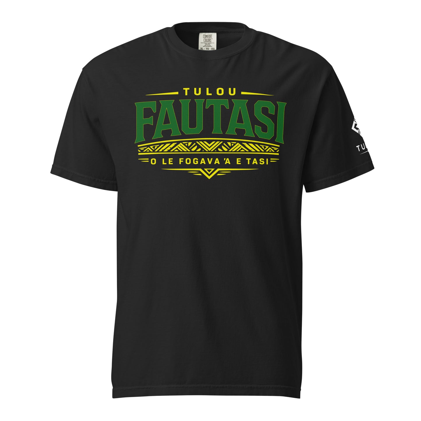 Black t-shirt with green and yellow text on a white background