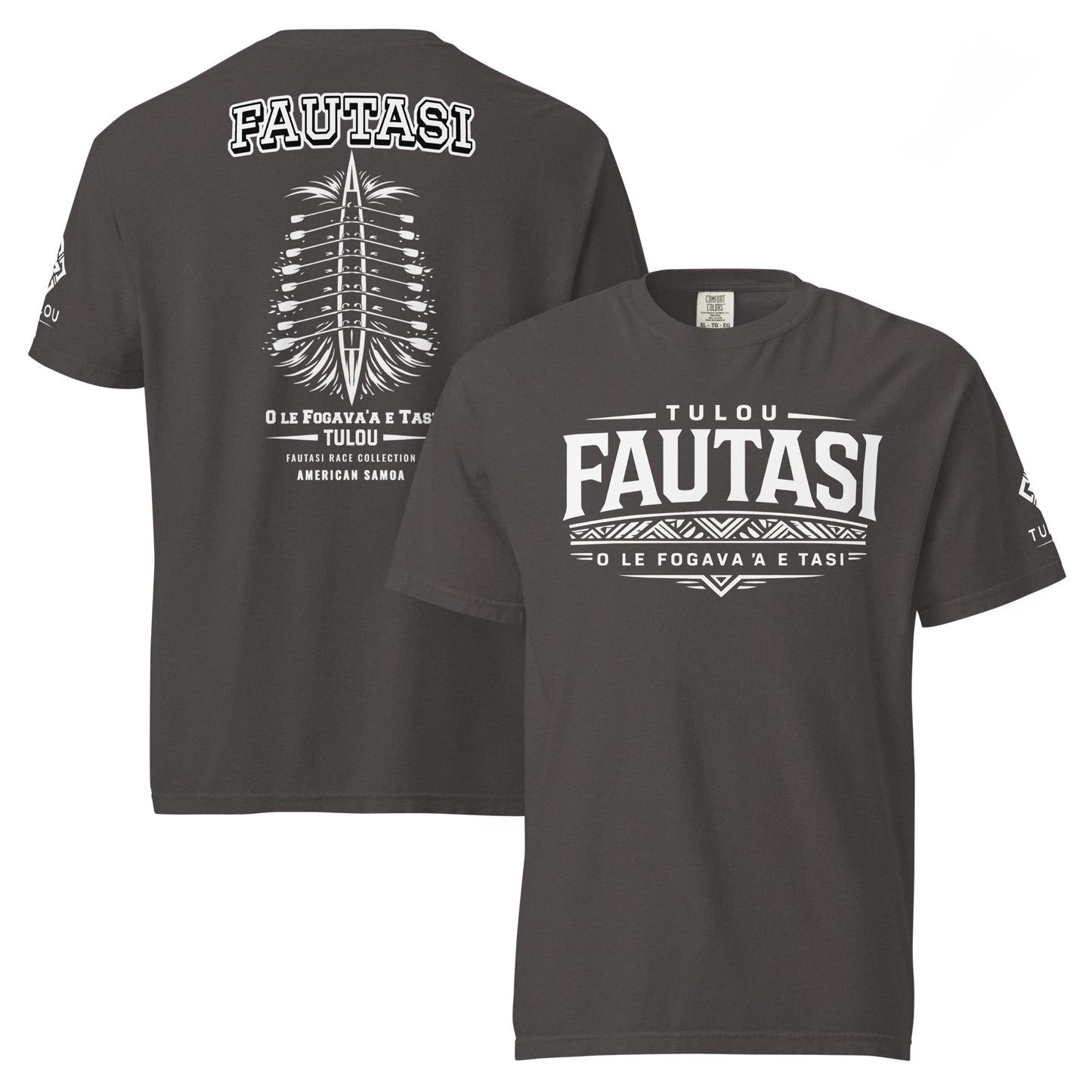 Graphite color t-shirt with white text and graphics on a white background