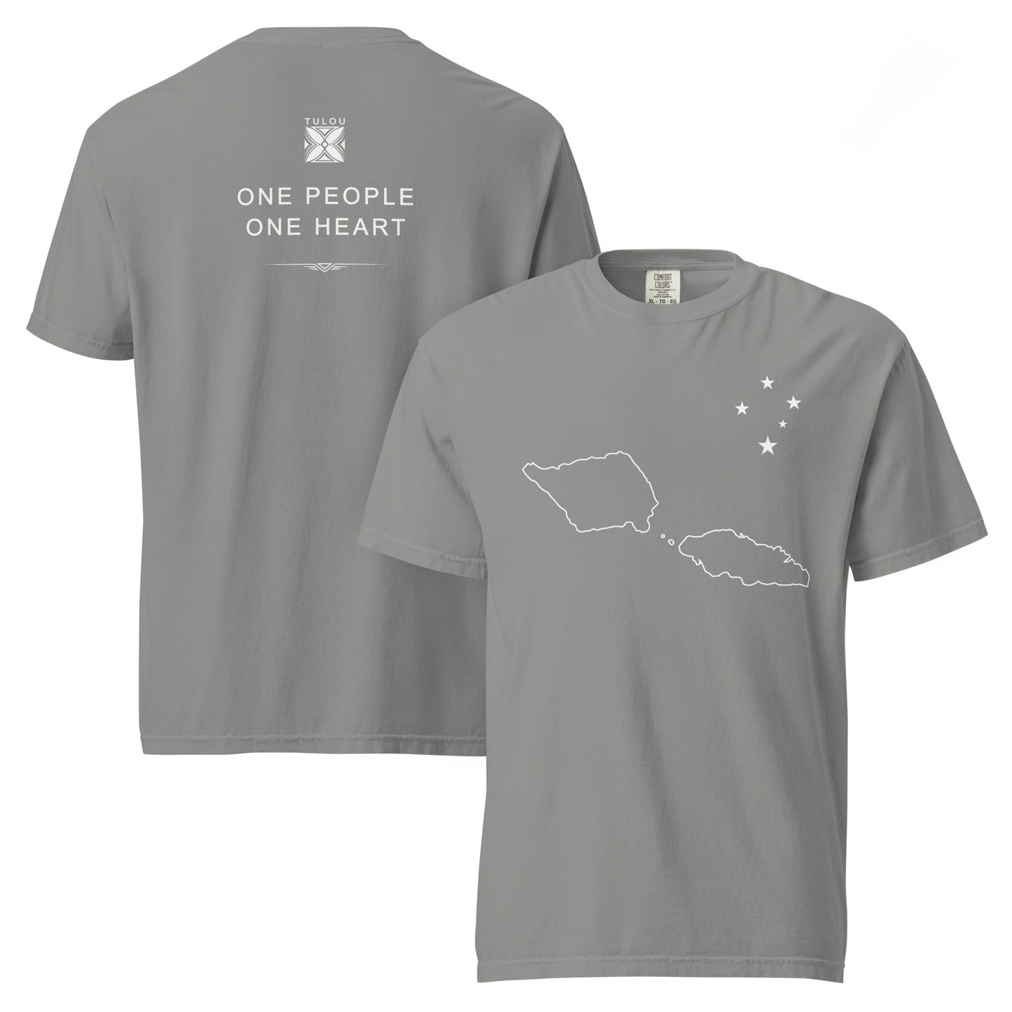 two grey color shirts one showing the back graphic with logo and text "One People, One Heart" and front shirt showing a graphic of Samoa both against shirts are against a white background.