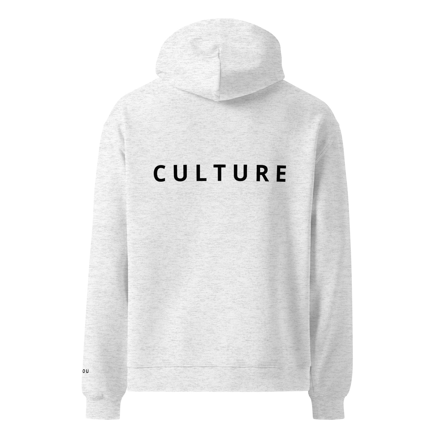 A light heather gray hoodie shown from the back, featuring the word 'CULTURE' printed in black capital letters across the upper back.