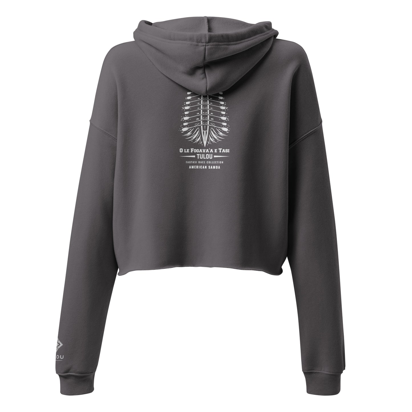 Gray cropped hoodie with Fautasi design on the back on a white background