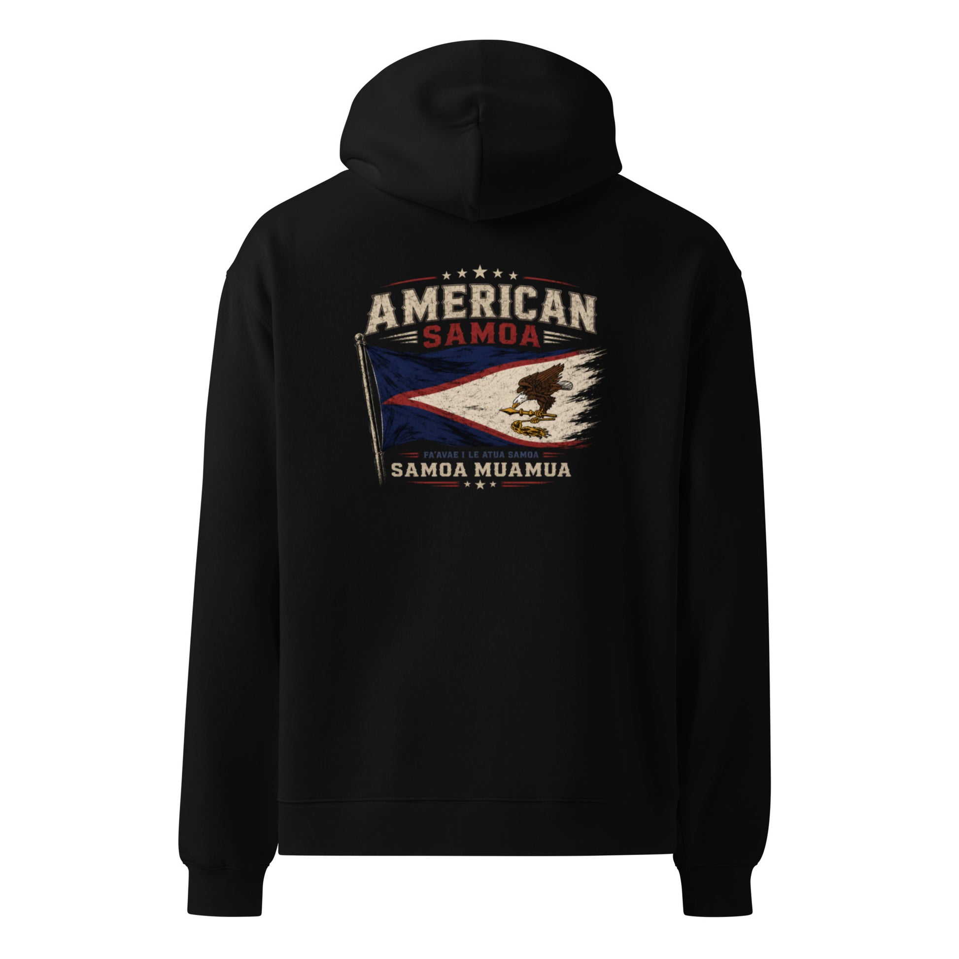 Black hoodie with 'American Samoa' graphic on a white background