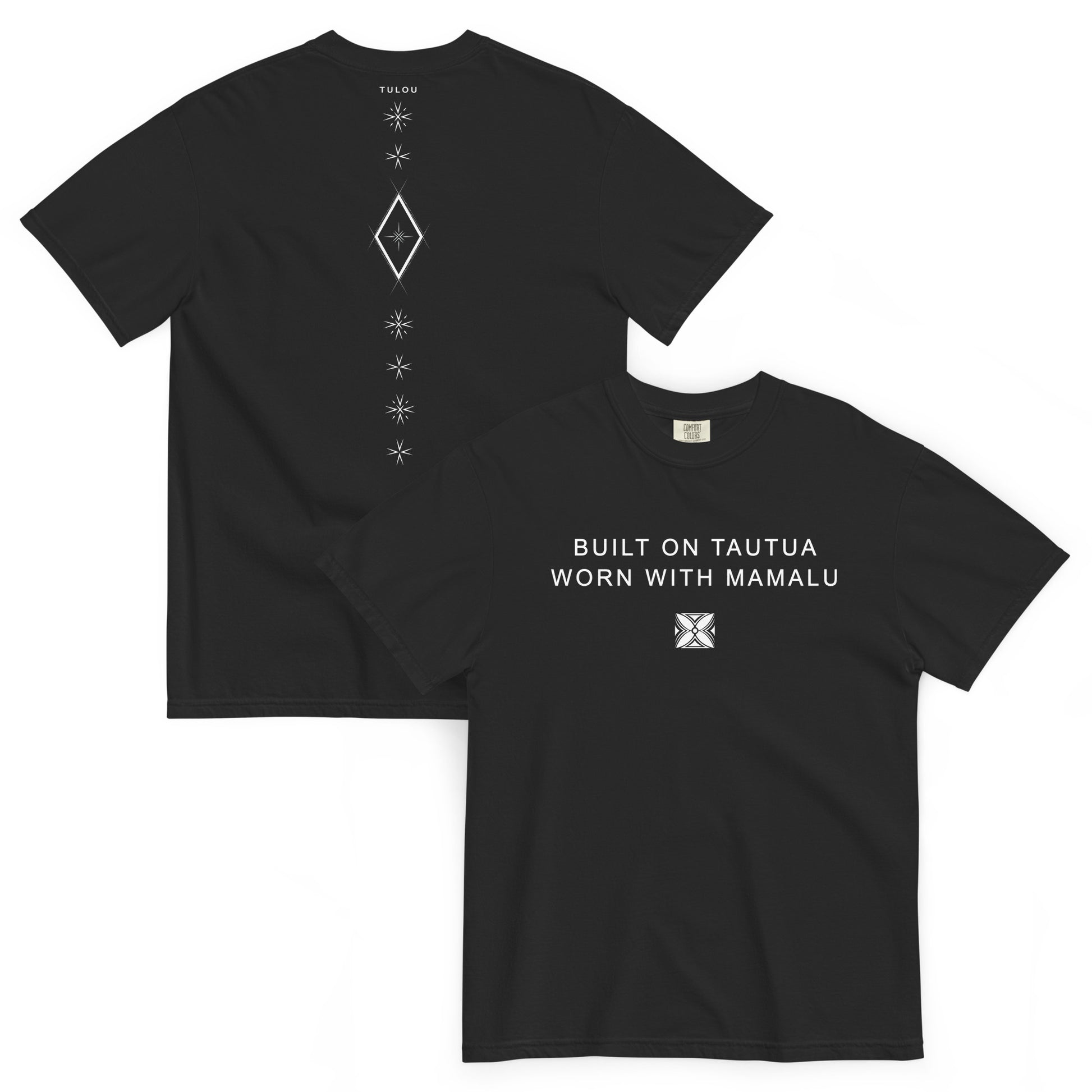 Two black t-shirts showing back and front. Back shows Samoan Malu graphic and front shirt shows text 'BUILT ON TAUTUA WORN WITH MAMALU. Both shirts are against a white background. 
