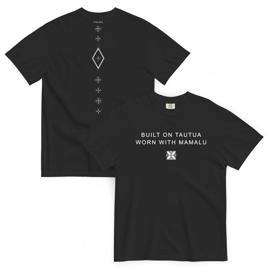 Two black t-shirts showing back and front. Back shows Samoan Malu graphic and front shirt shows text 'BUILT ON TAUTUA WORN WITH MAMALU. Both shirts are against a white background. 