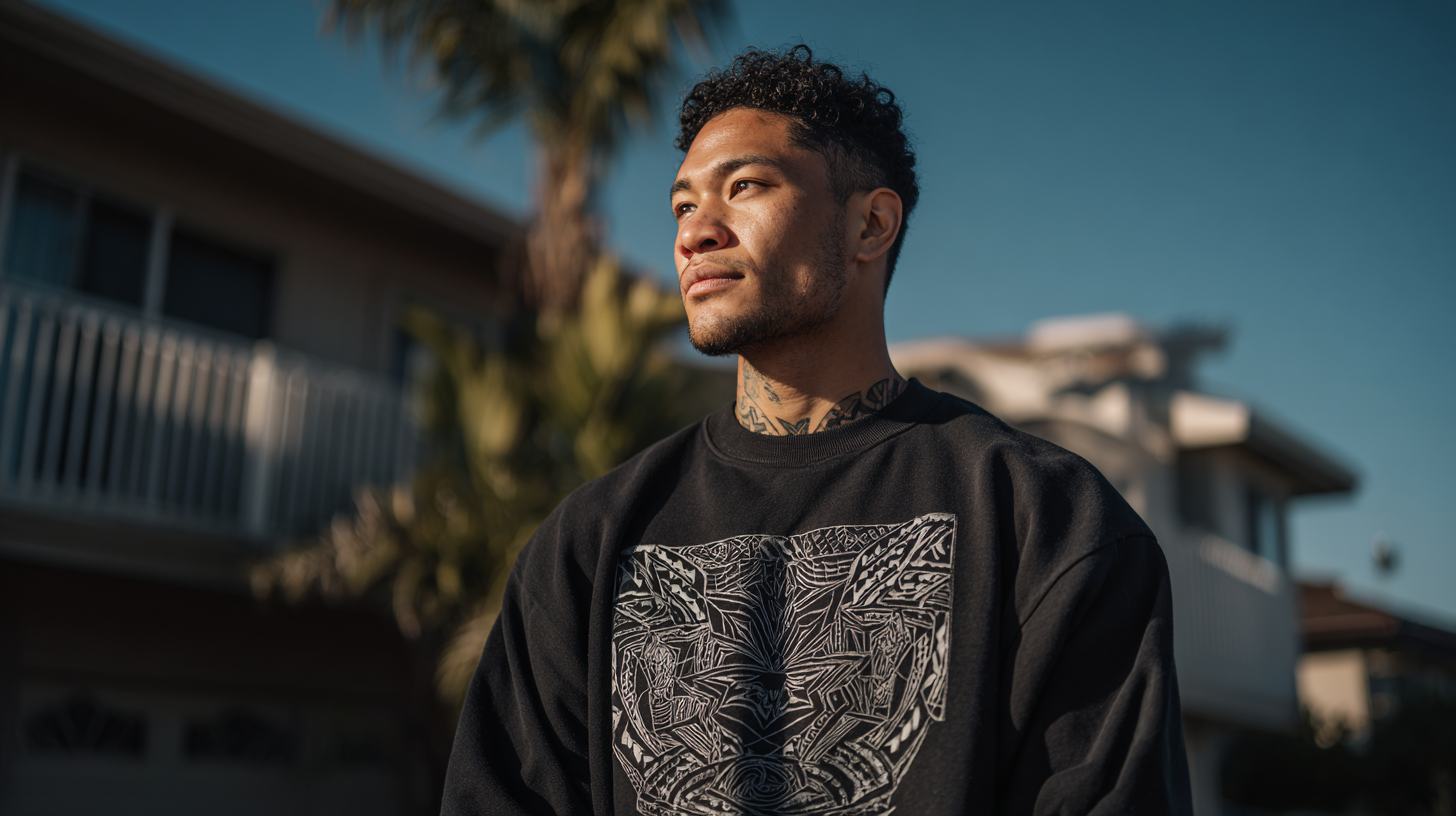 Man wearing a black sweatshirt with a patterned design, standing outdoors with houses and palm trees in the background.