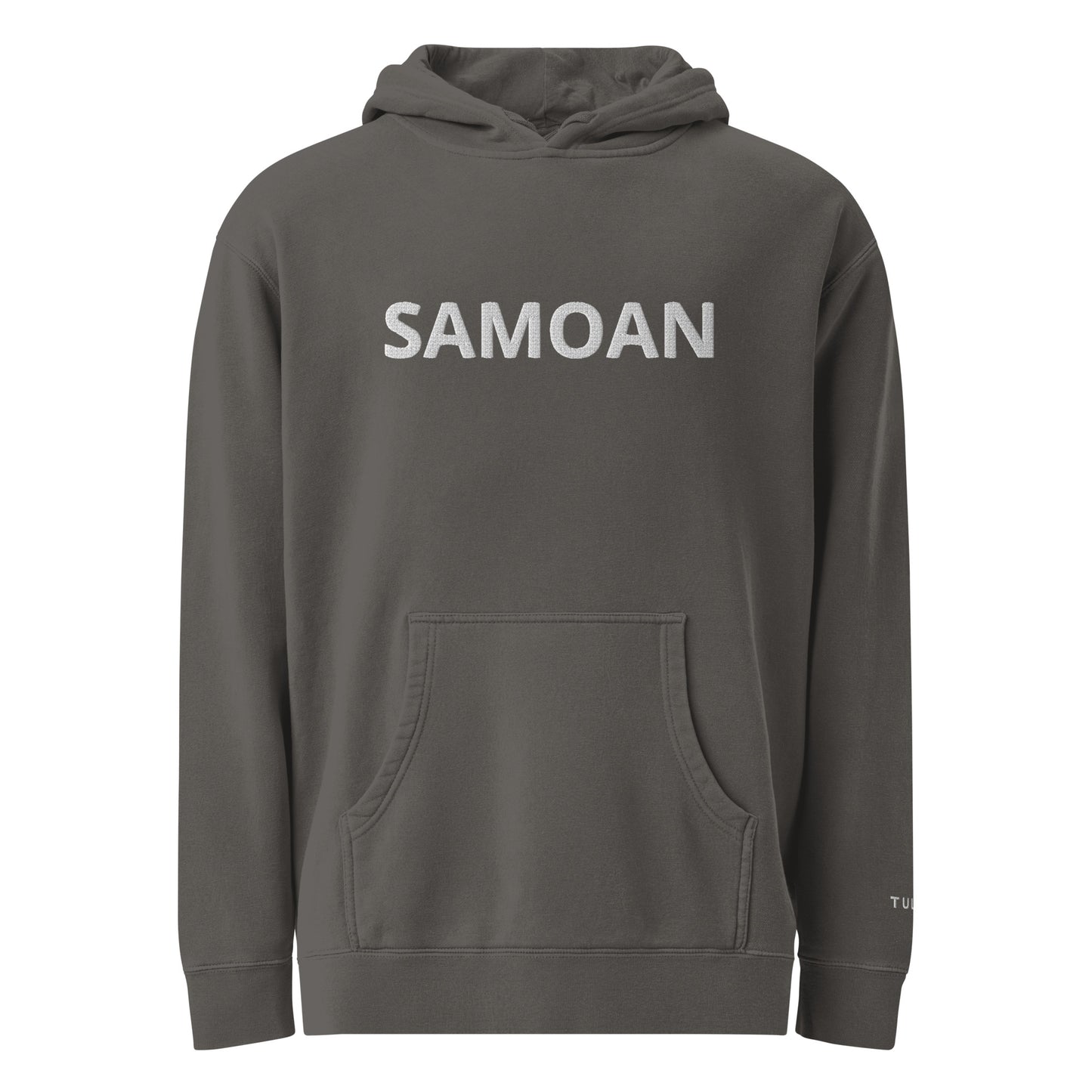 A dark gray pullover hoodie with the word 'SAMOAN' printed in white capital letters across the chest, displayed on a clean white background.