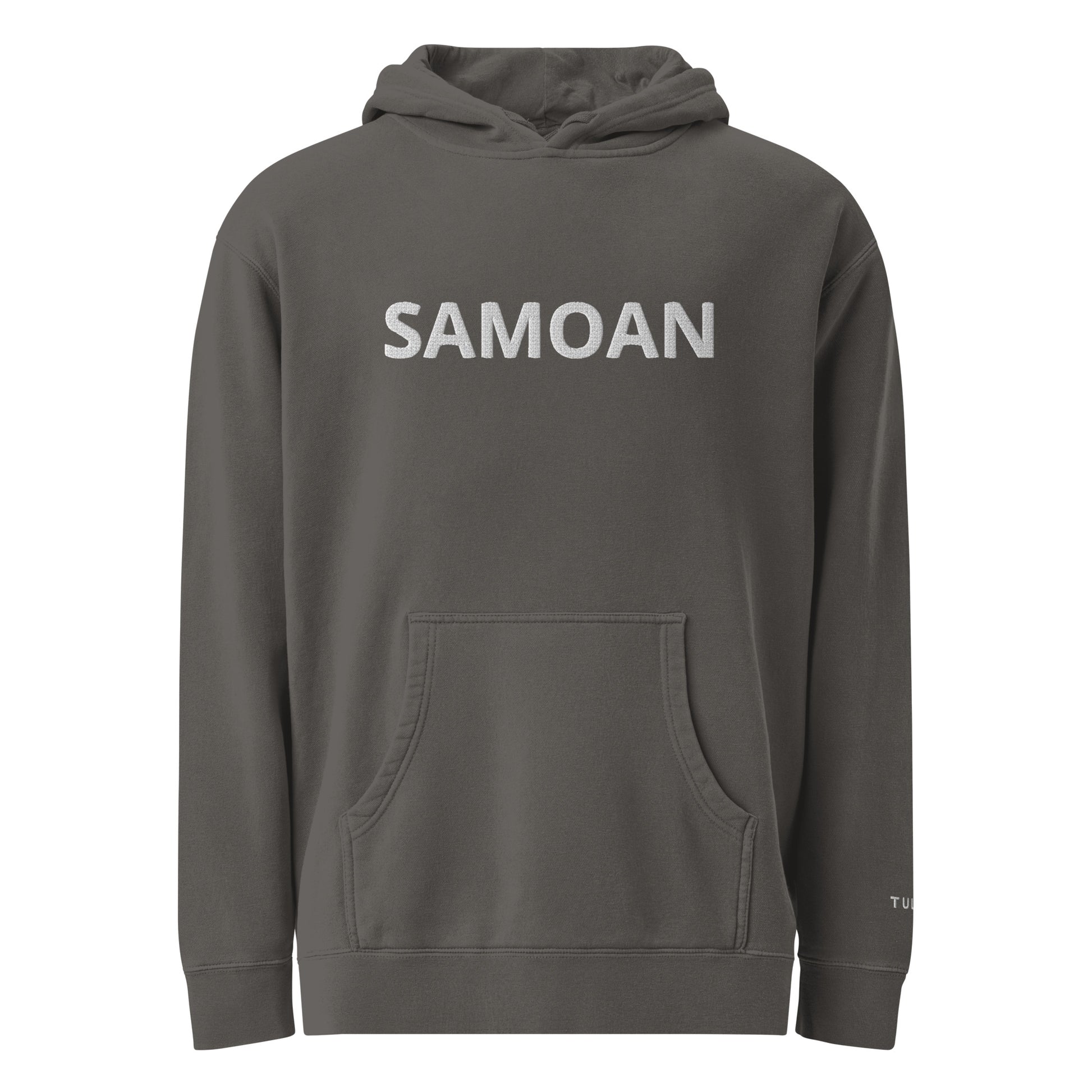 A dark gray pullover hoodie with the word 'SAMOAN' printed in white capital letters across the chest, displayed on a clean white background.