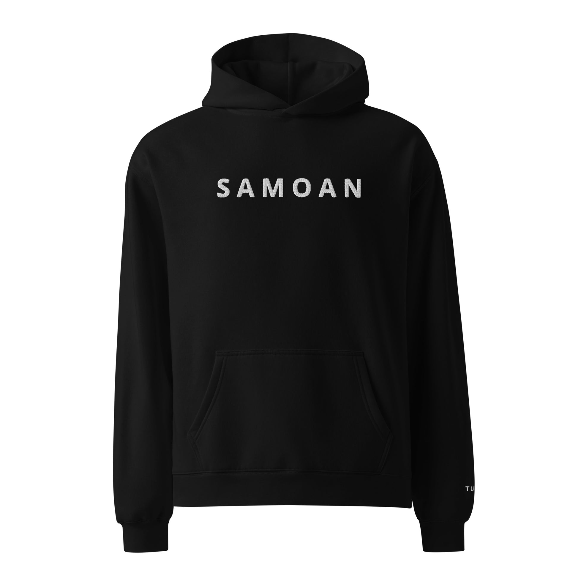 Black hoodie with 'Samoan' text on a white background