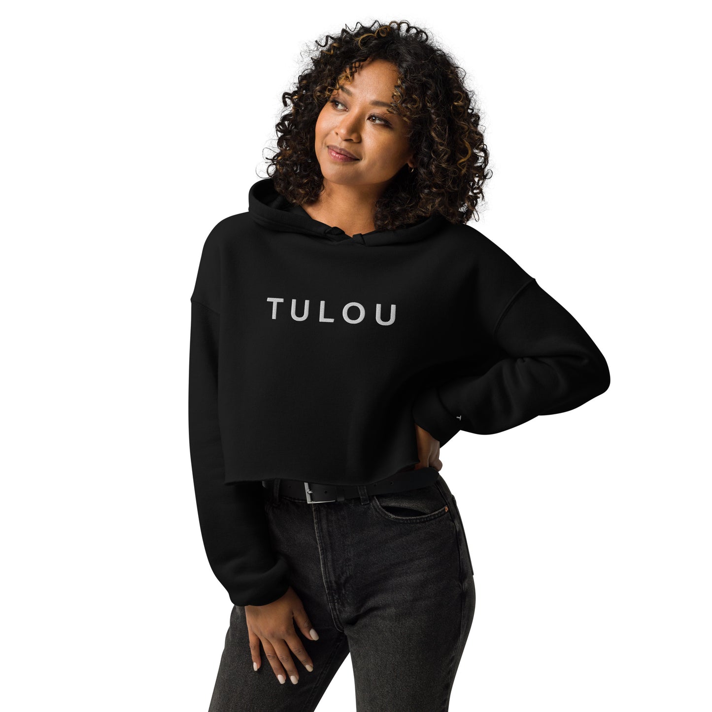 Woman wearing a black hoodie with Tulou word logo on a white background
