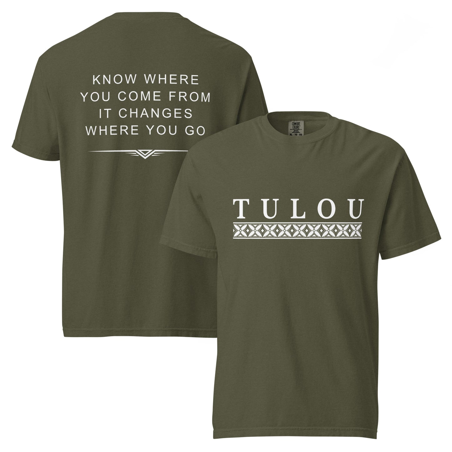 Two Sage Green Shirts showing designs on the front and back against a white background. The front shirt shows Tulou logo and a Samoan design band below. The shirt showing the back says "Know where you come from it changes where you go"