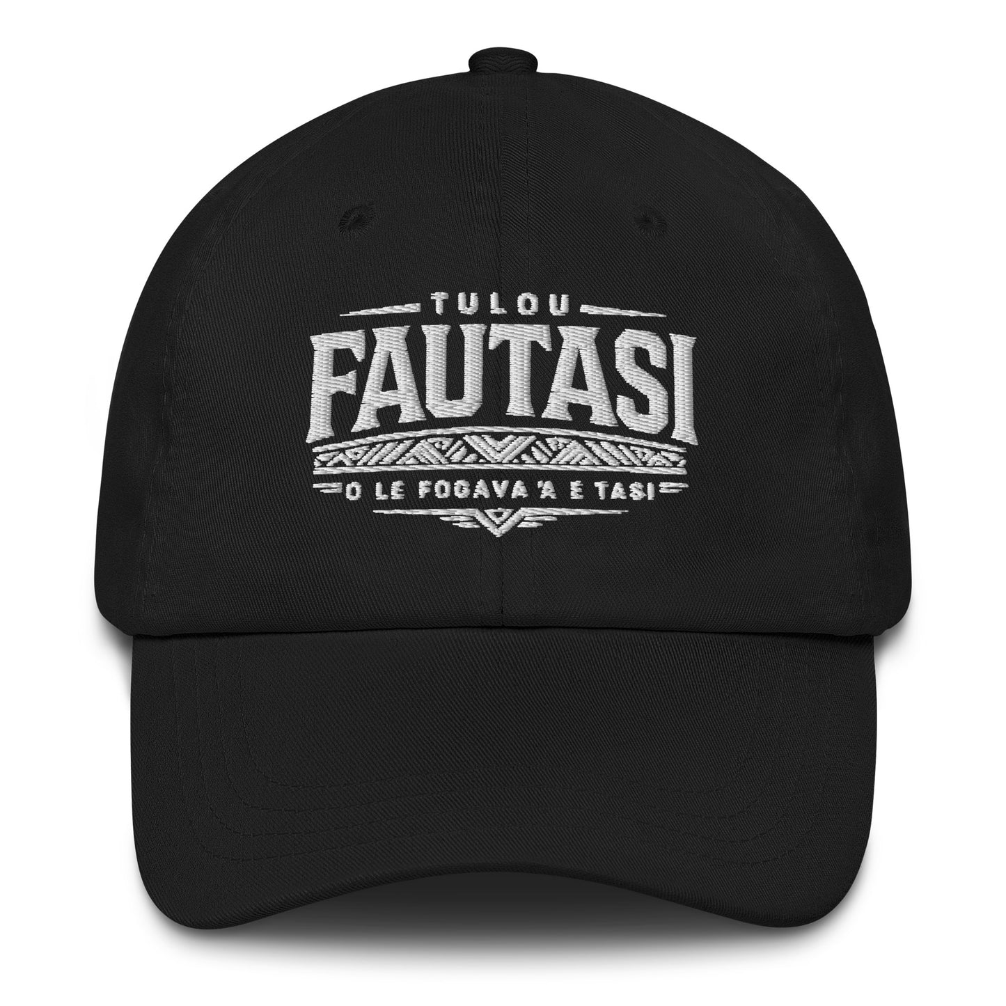 Black cap with white Fautasi text design on a white background