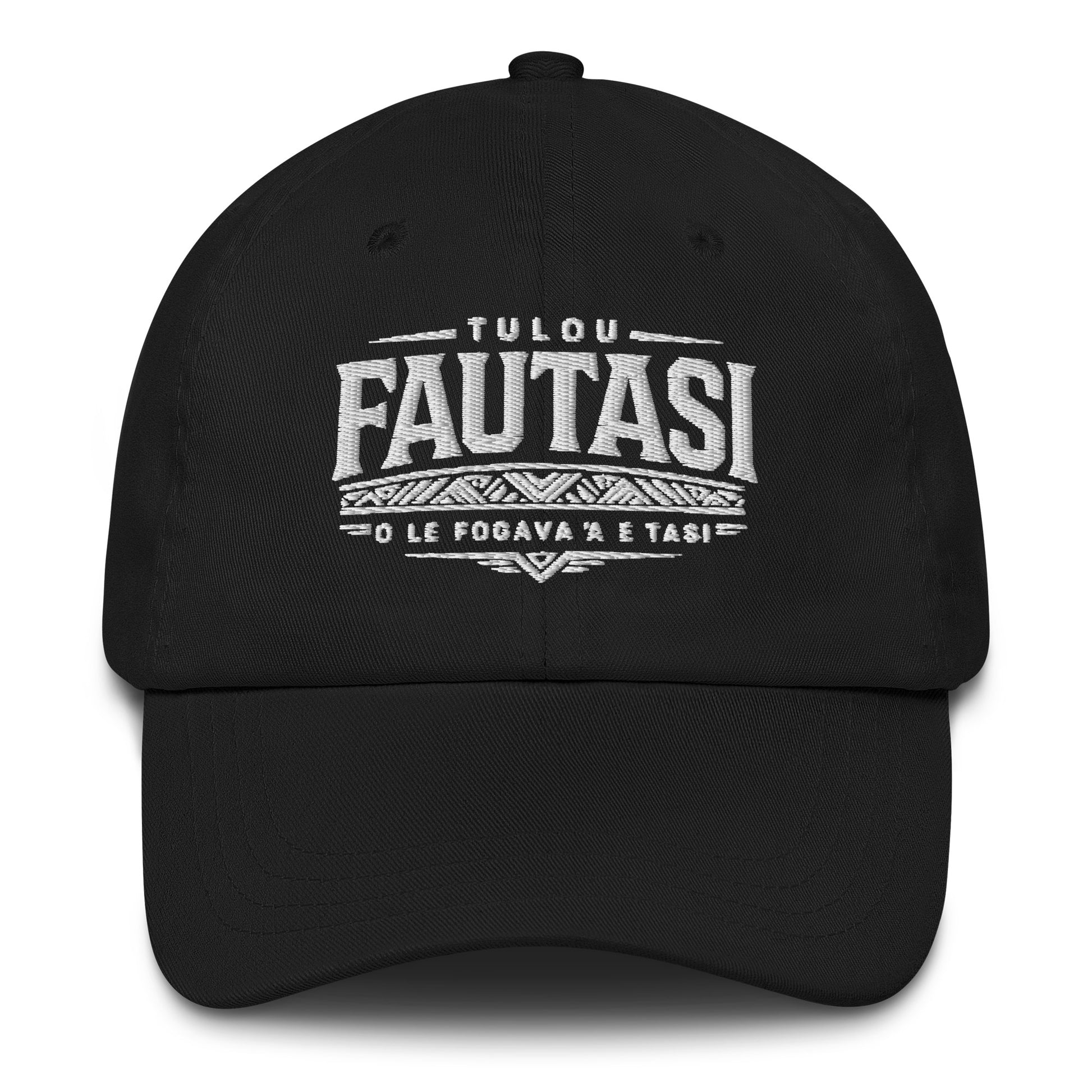 Black cap with white Fautasi text design on a white background