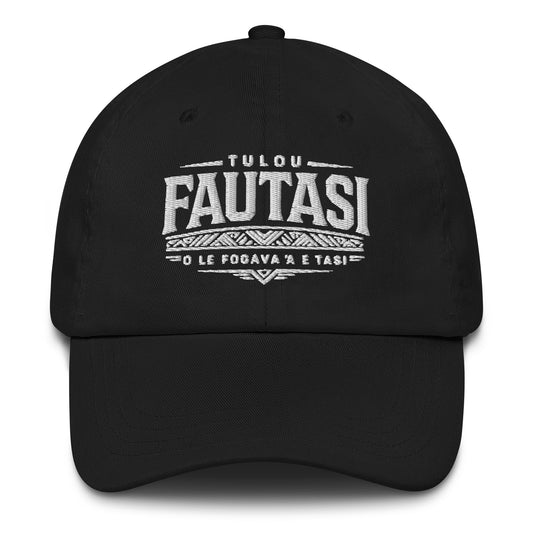 Black cap with white Fautasi text design on a white background