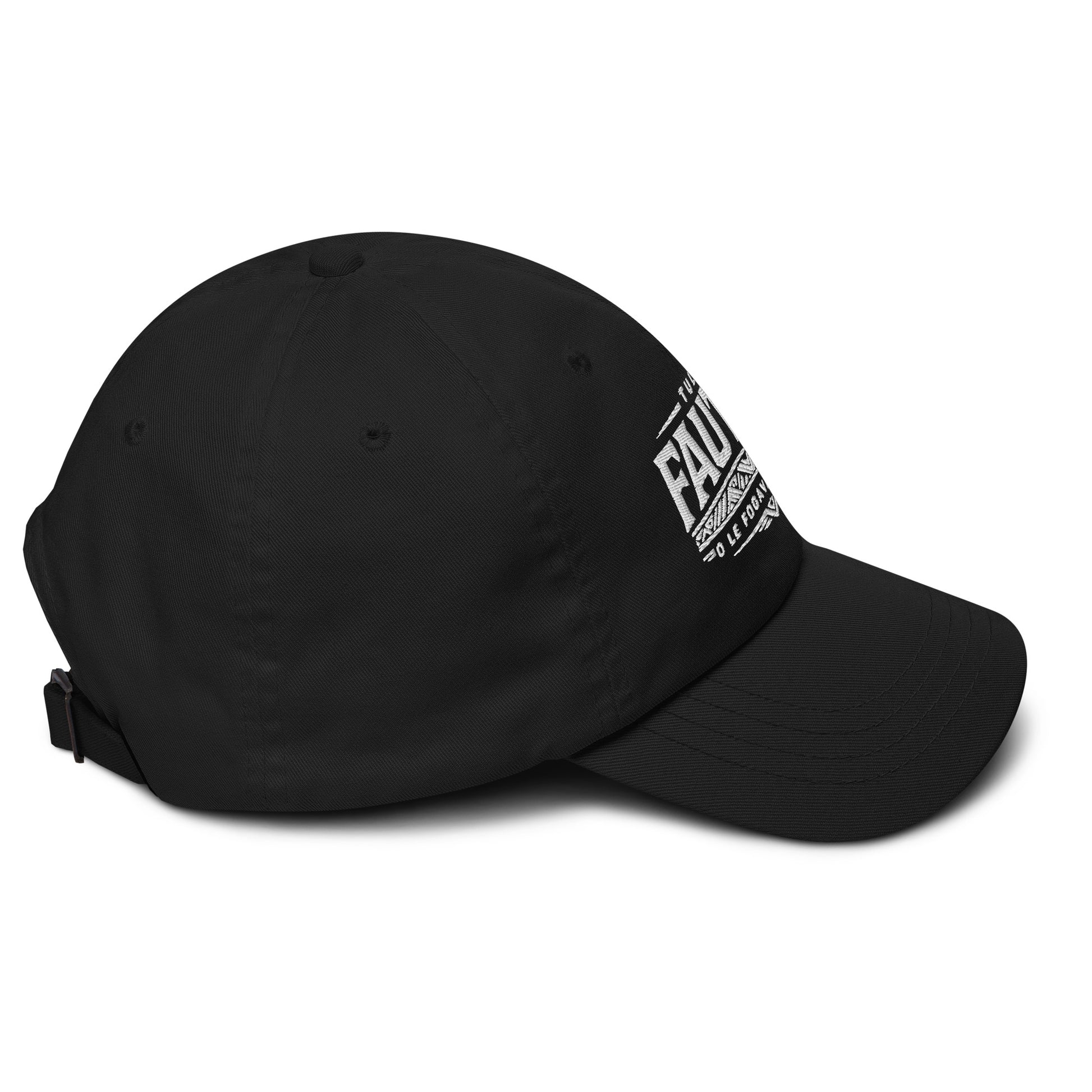 Black cap with a brand logo on a white background