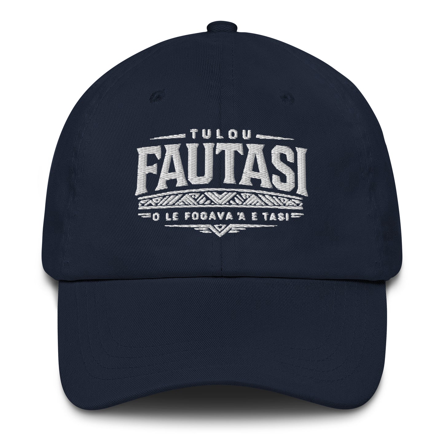 Navy blue cap with white text on a white background