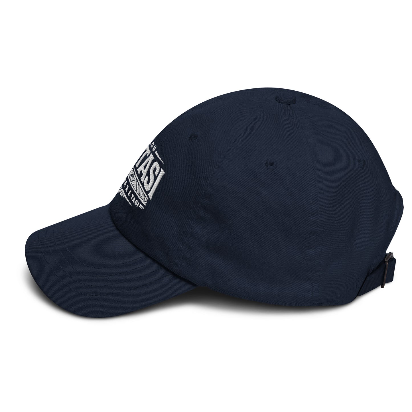 Navy blue cap with white text on a white background