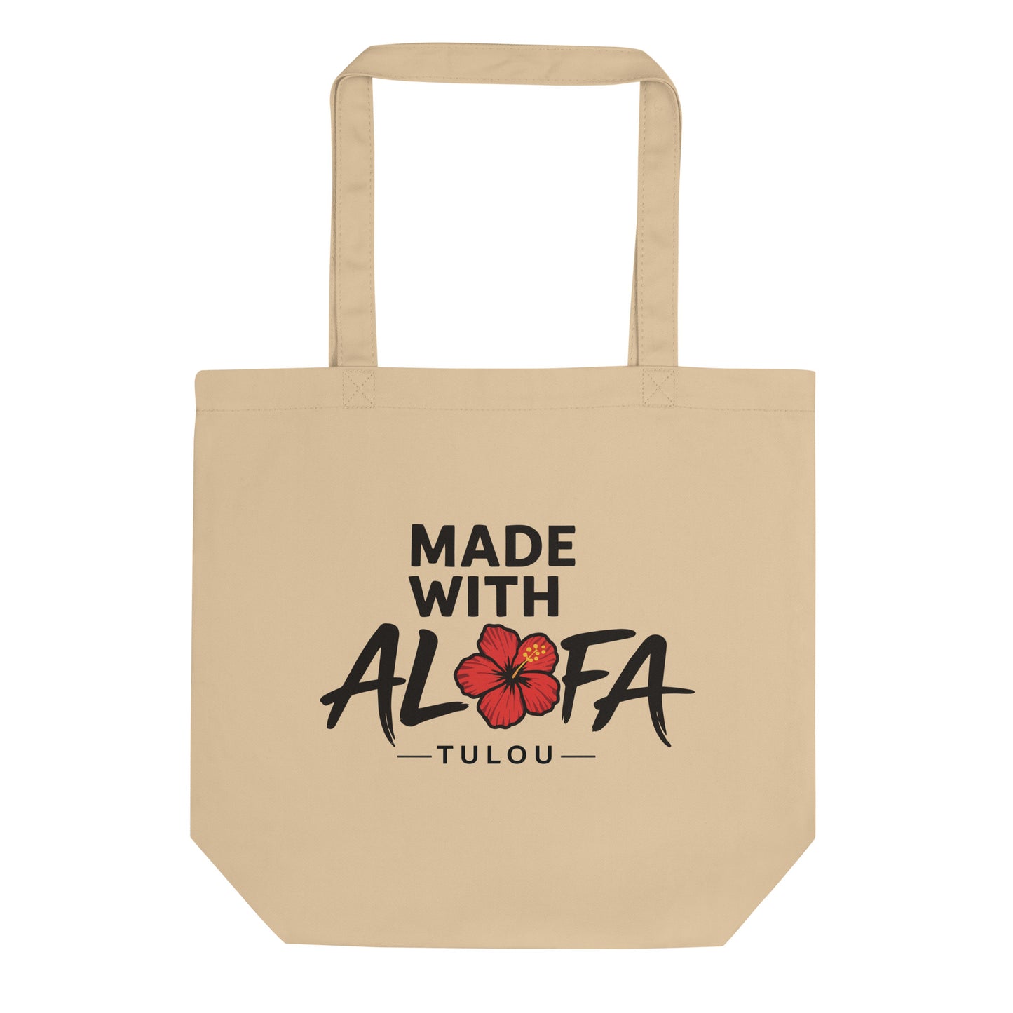 Beige tote bag with 'Made with Alofa Tulou' text and flower design on a white background