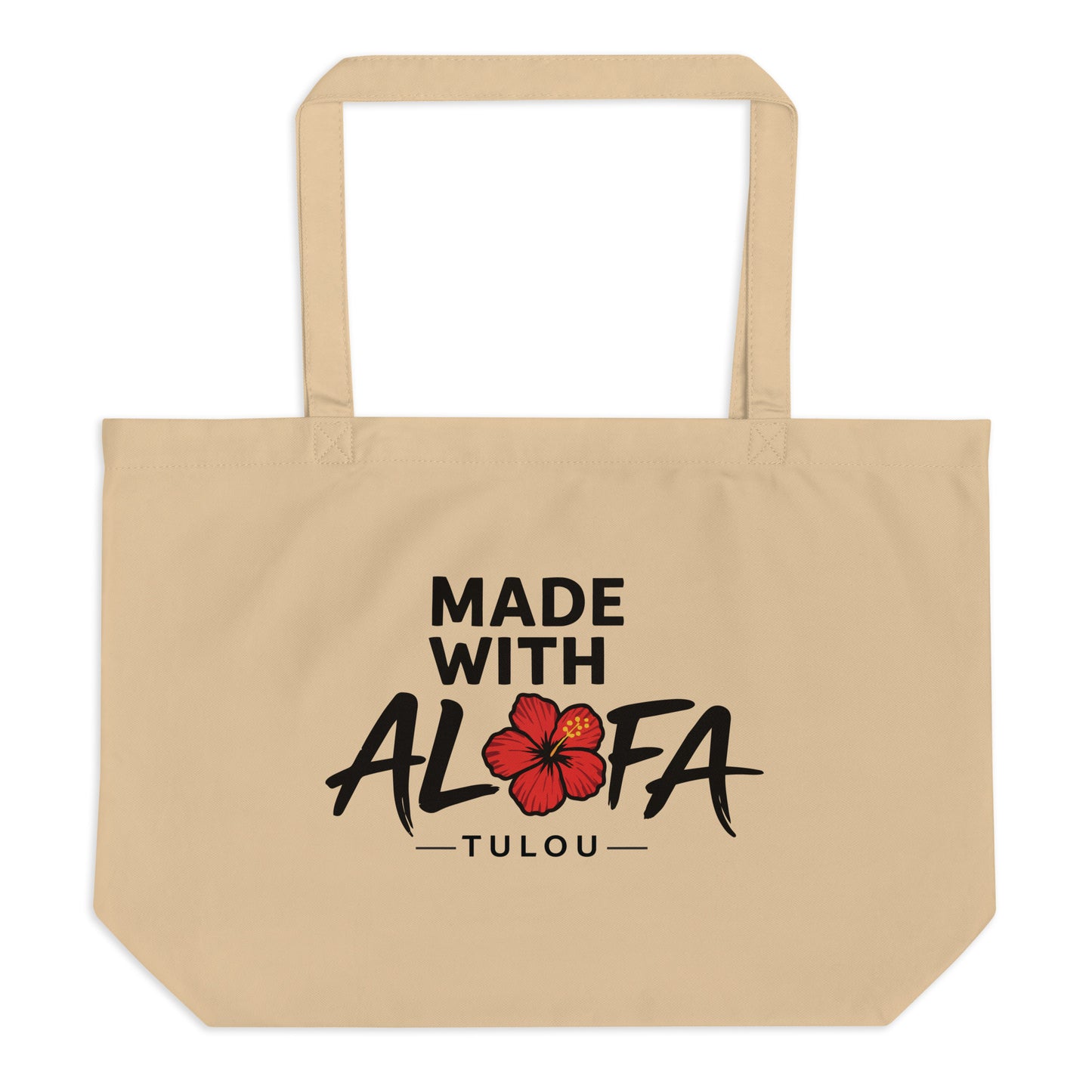 Beige tote bag with 'Made with Aloha Tulou' text and a red flower graphic on a white background