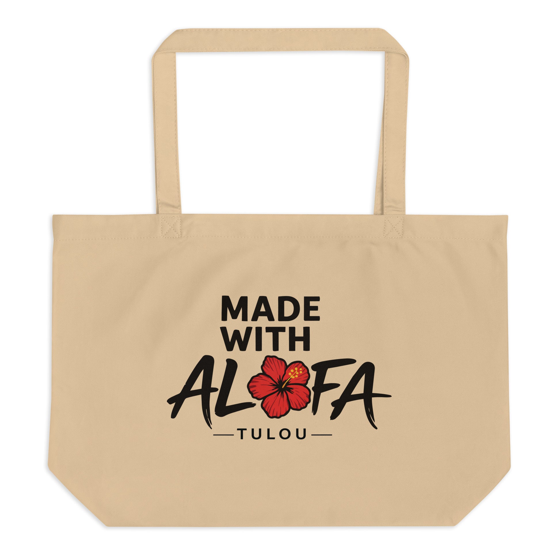 Beige tote bag with 'Made with Aloha Tulou' text and a red flower graphic on a white background