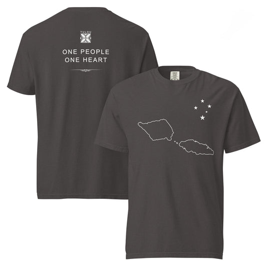 two graphite color shirts one showing the back graphic with logo and text "One People, One Heart" and front shirt showing a graphic of Samoa both against shirts are against a white background.