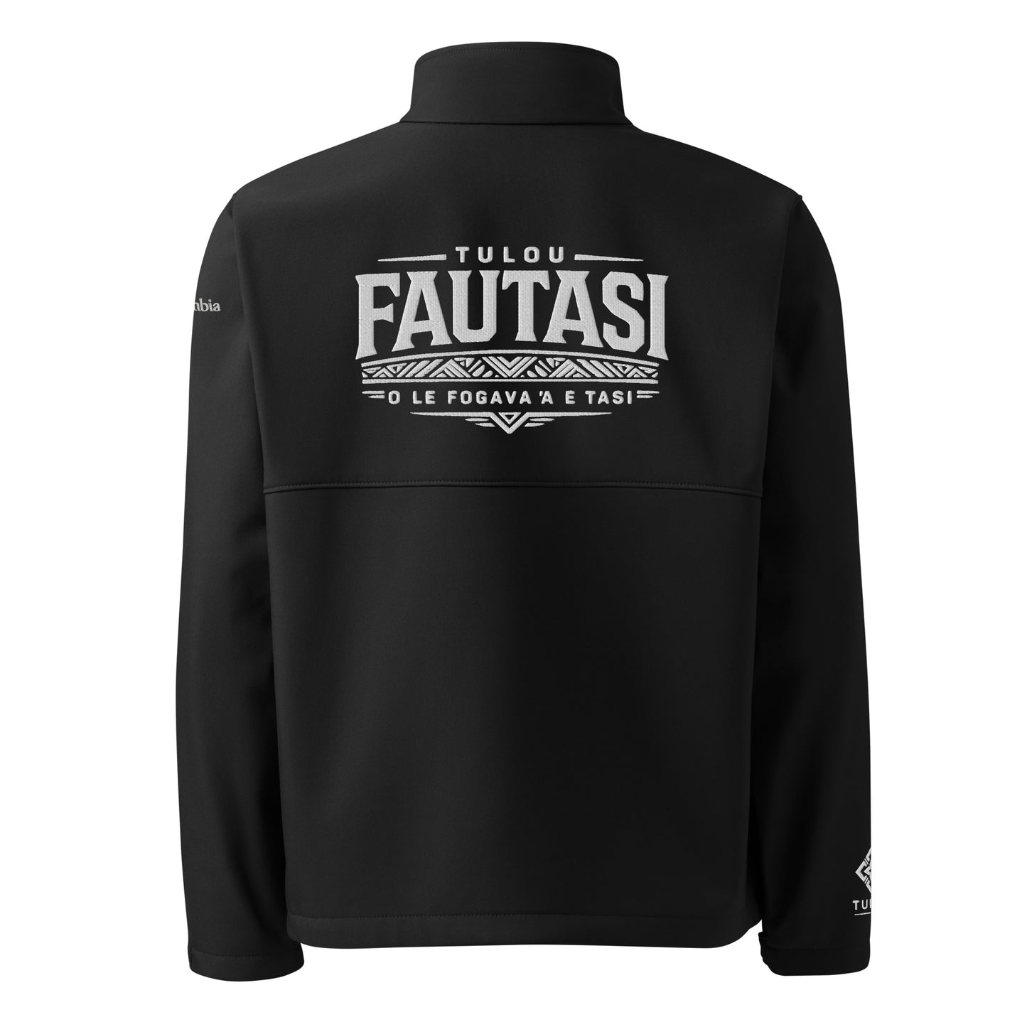 Black Columbia jacket with white text patterns on the back against a white background