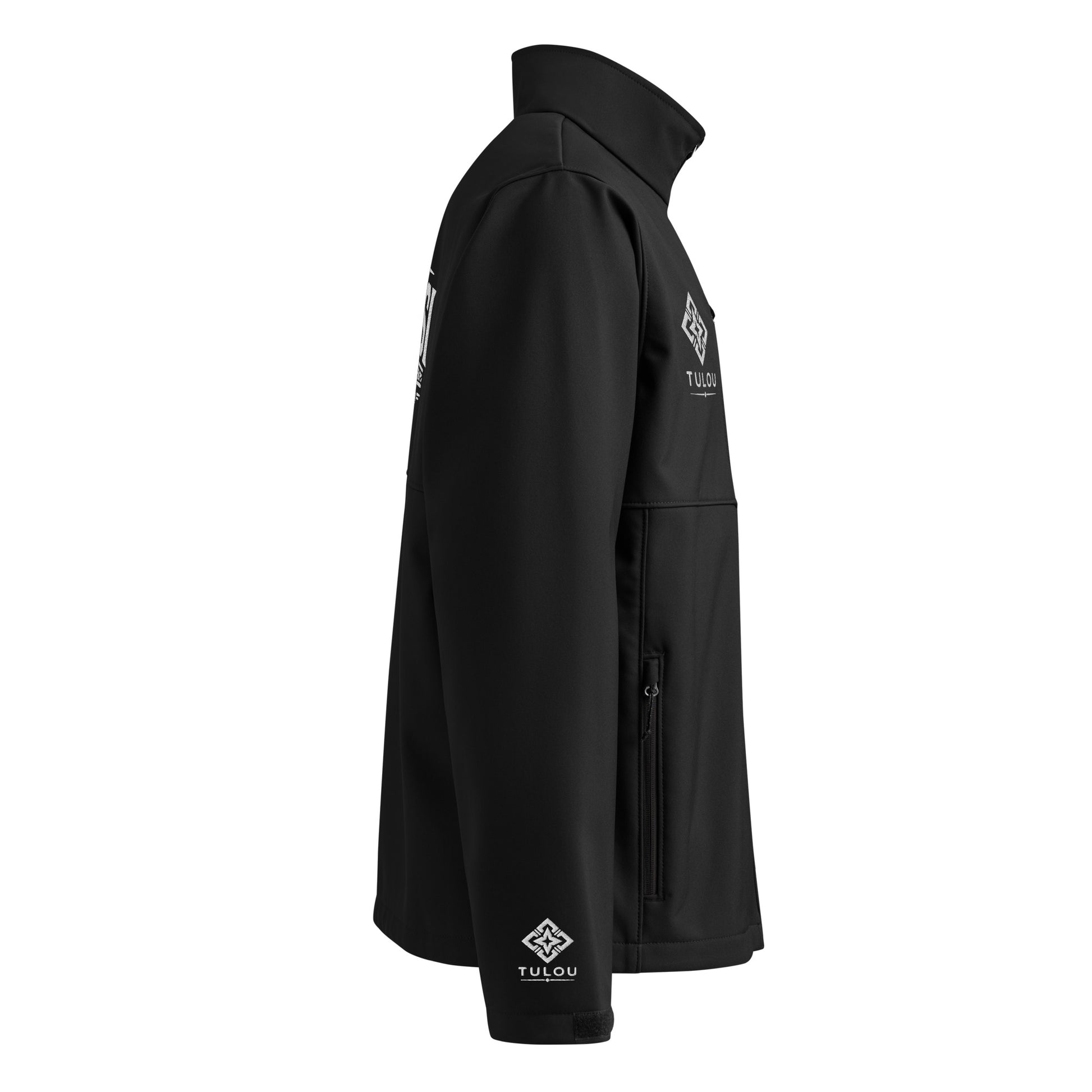 Black jacket of right arm view with logo on wrist against a white background