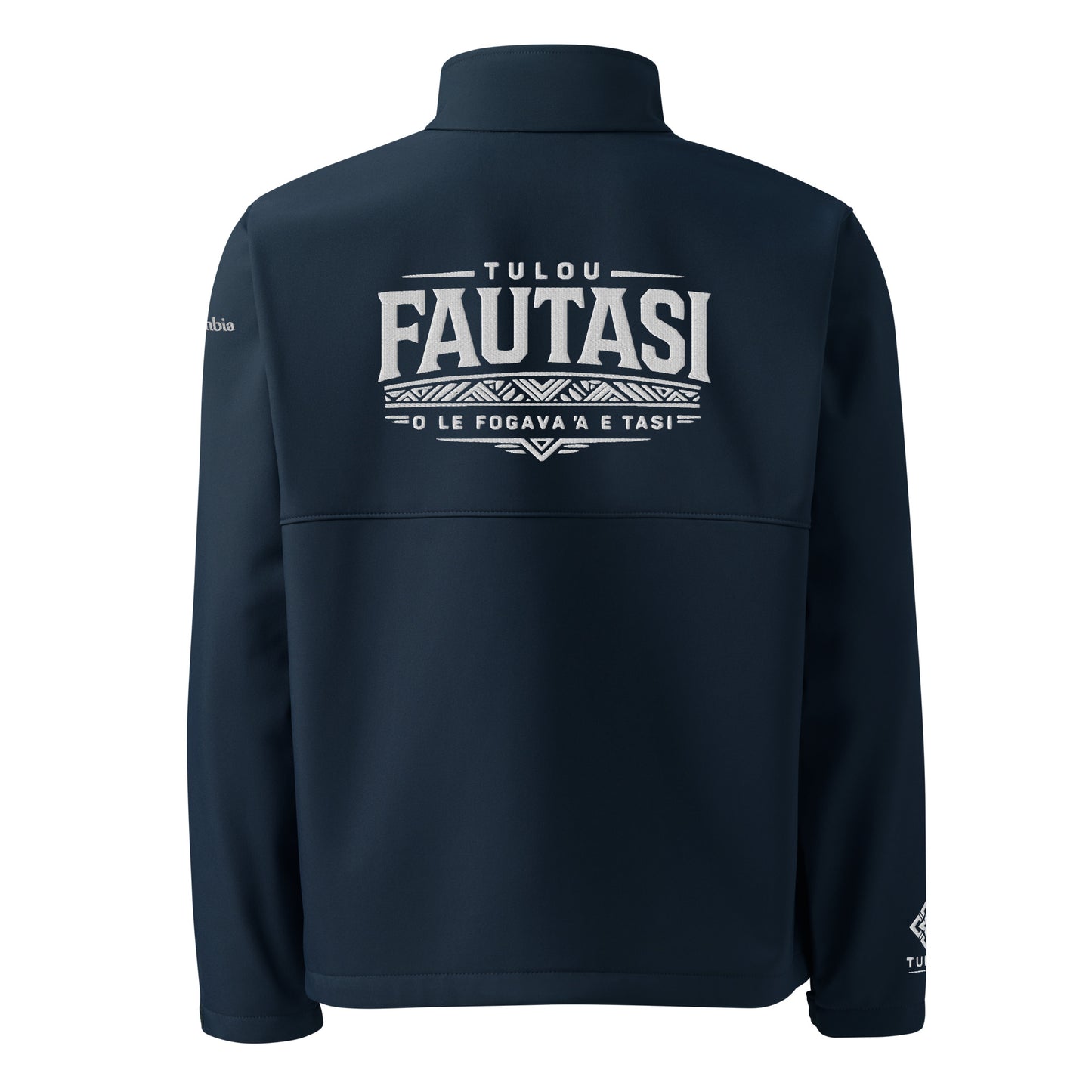 Navy blue jacket with white text on the back against a white background