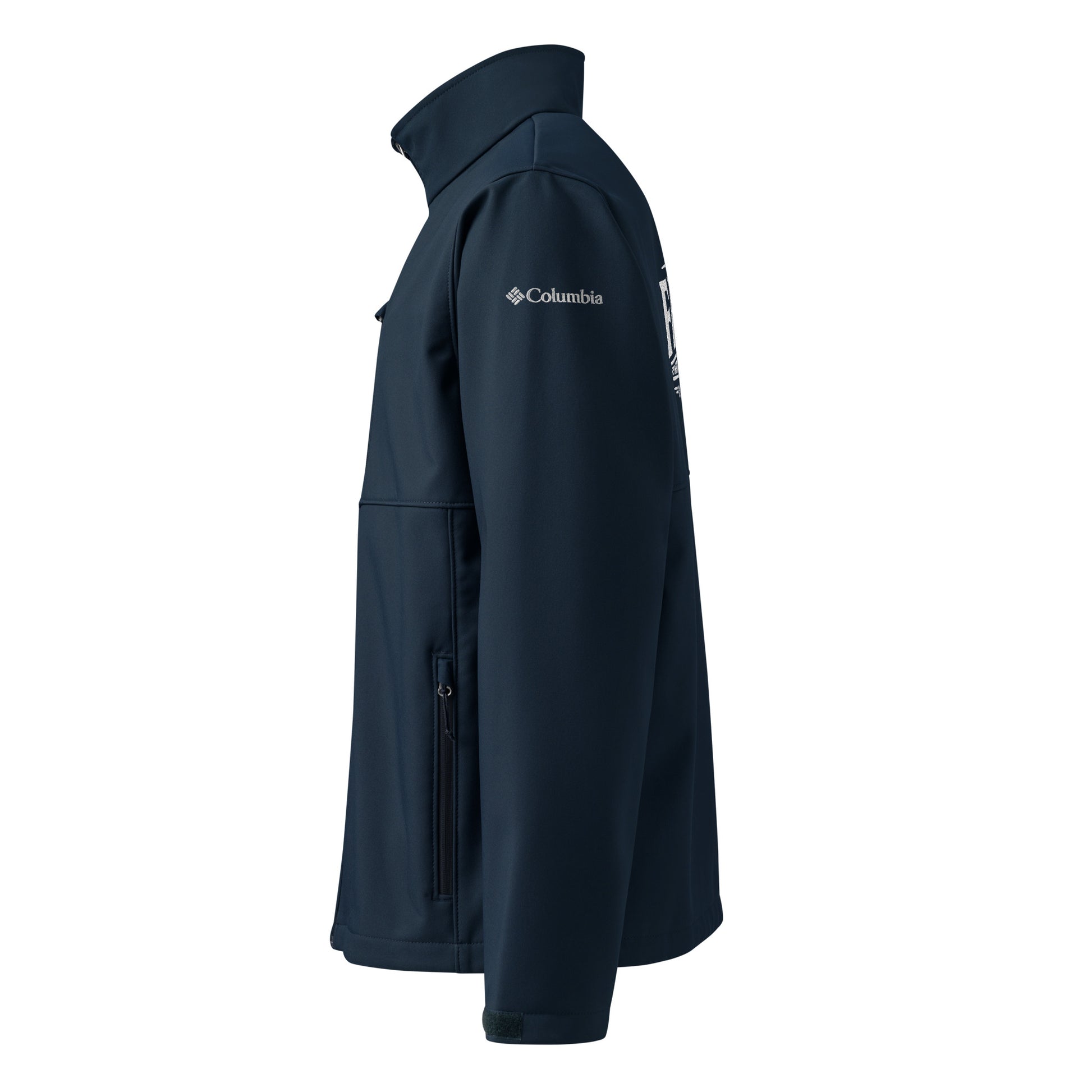 Navy blue jacket with Columbia logo on a white background