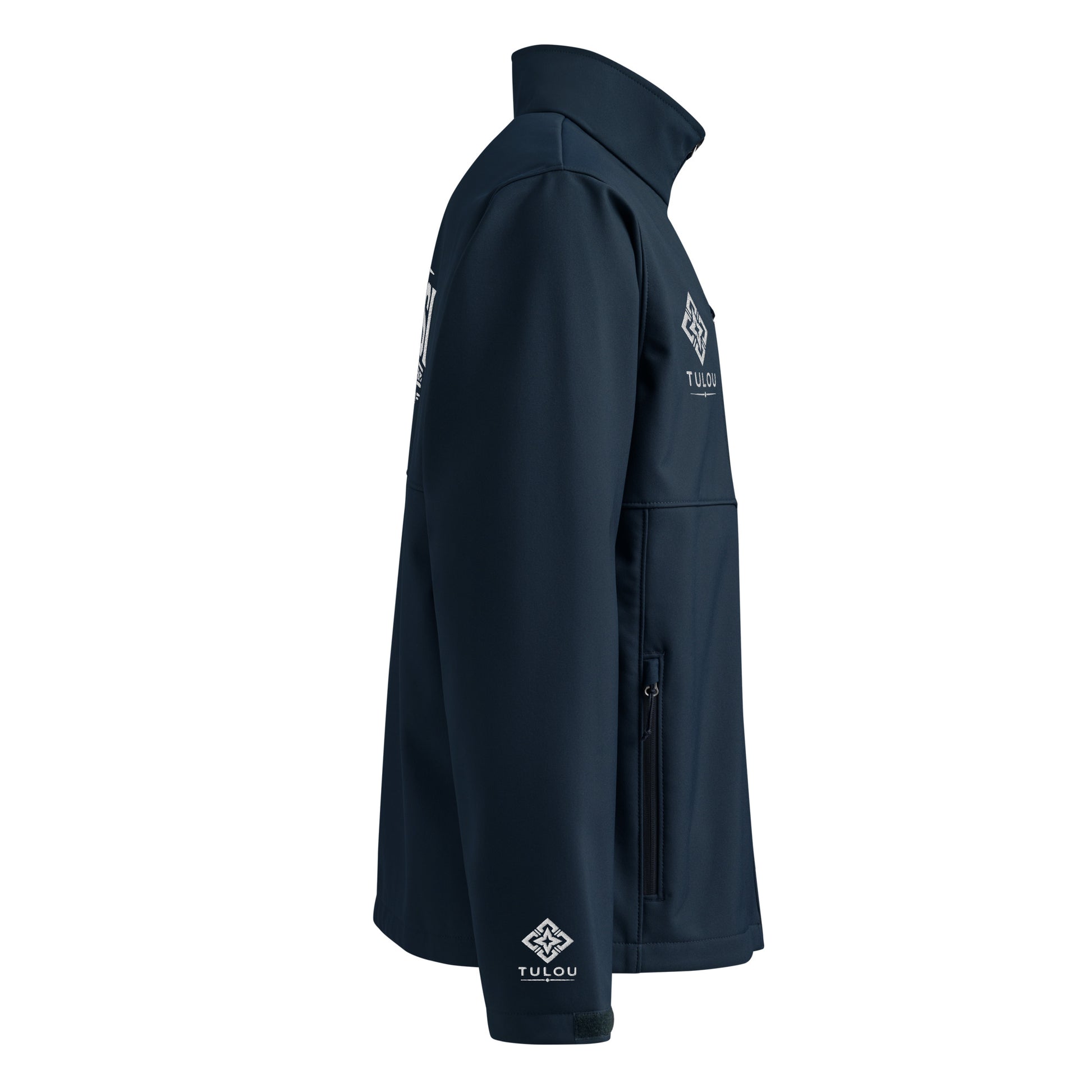 Dark blue jacket with  logo on the right wrist against a white background