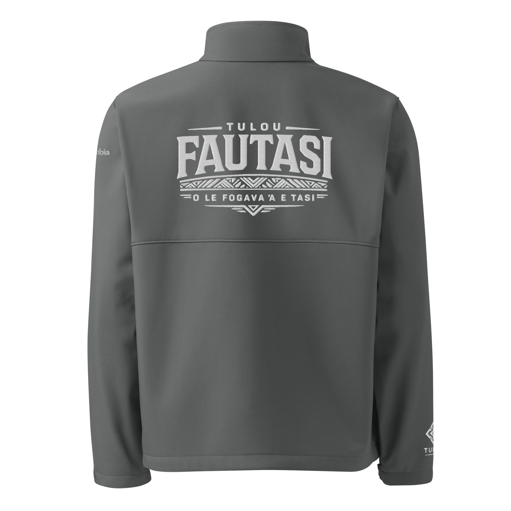 Gray jacket with 'Tulou Fautasi' text on the back against a white background