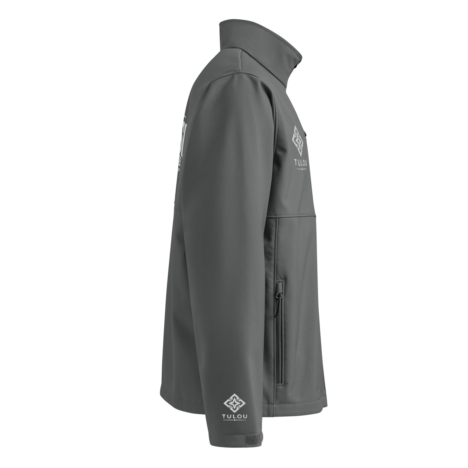 Grey jacket with a logo on the right wrist against a white background