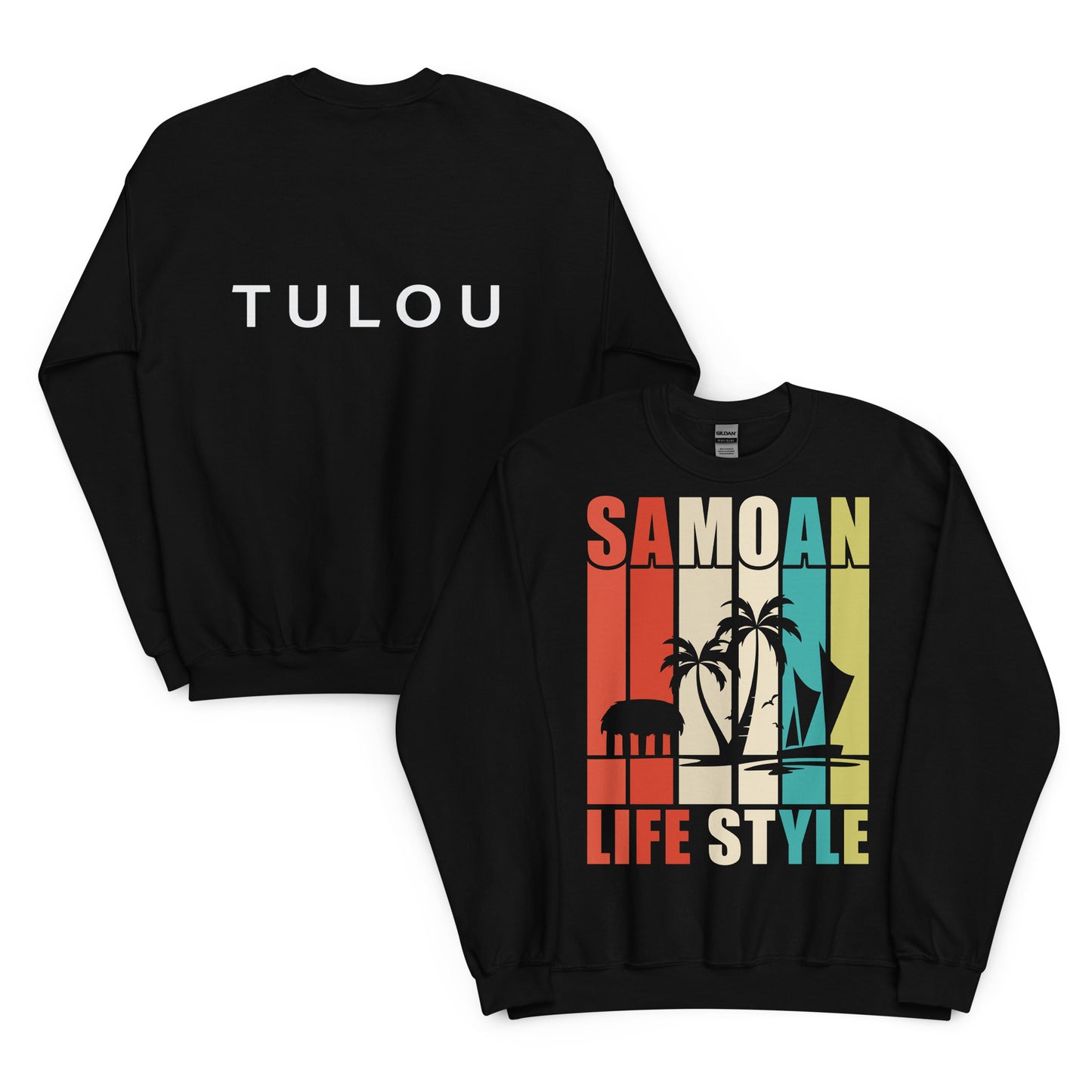 Two Black sweatshirt showing back and front with 'Tulou' branding on the back and "Samoan Life Style" for the front on a white background