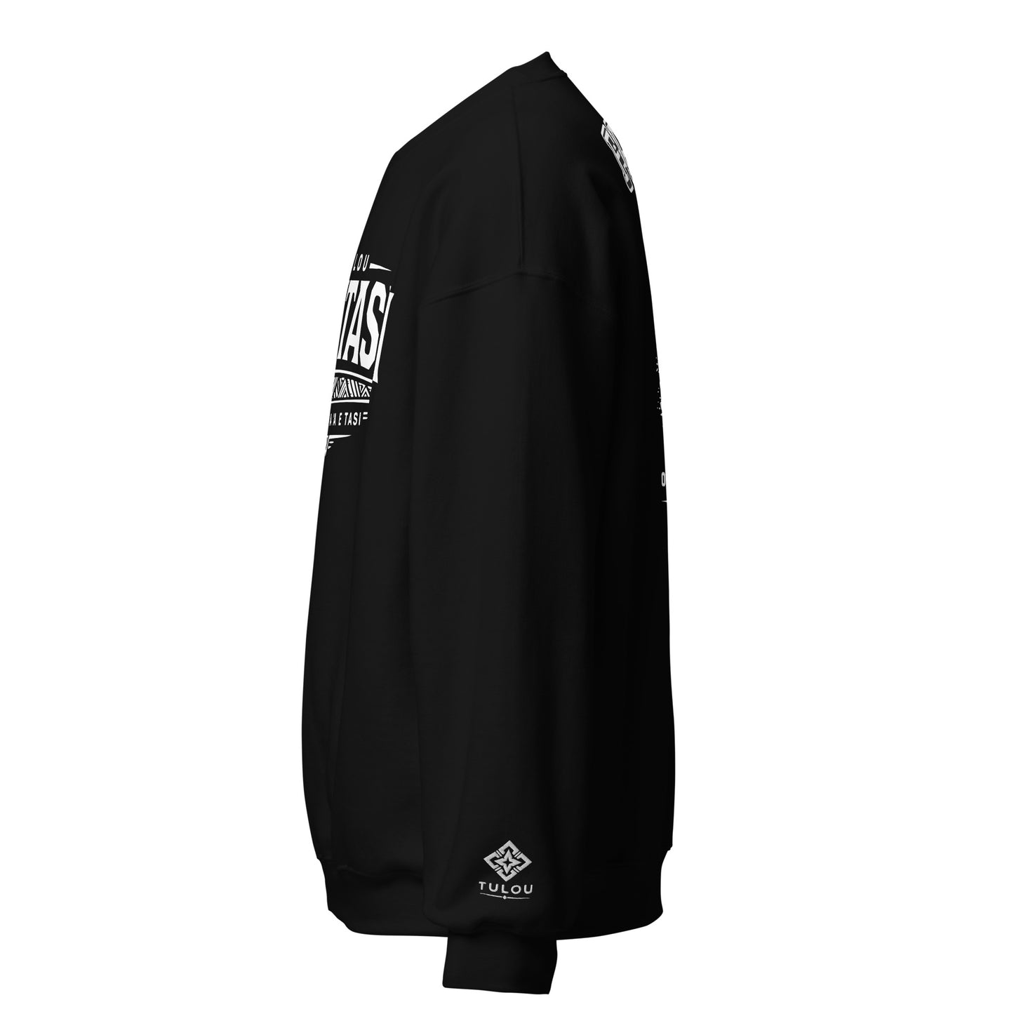 Black sweatshirt with white text and branding on a white background