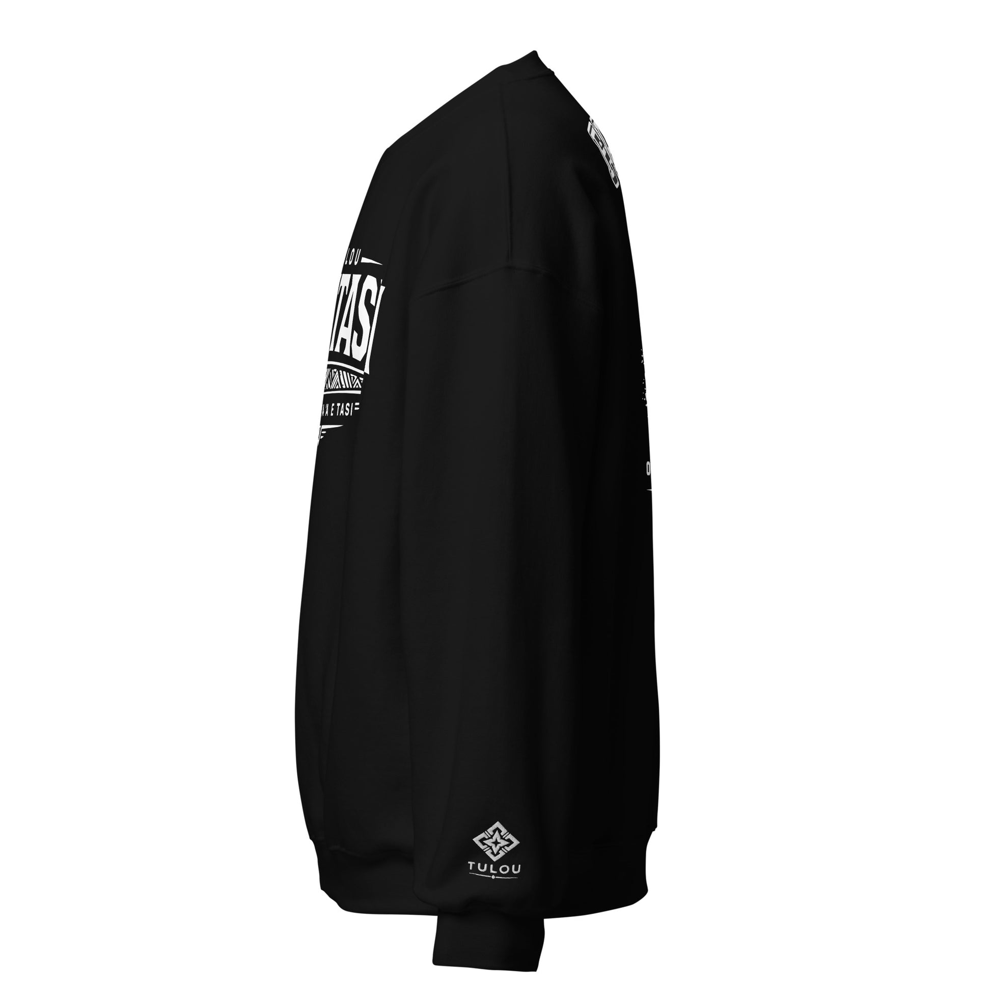 Black sweatshirt with white text and branding on a white background