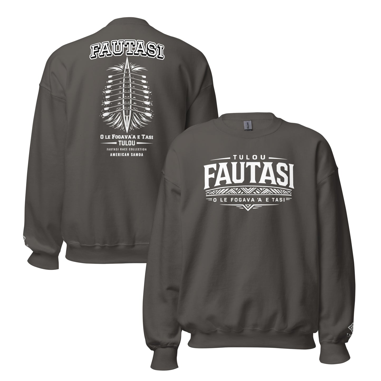 Charcoal grey sweatshirt with graphic design on the back and logo on the chest, displayed on a white background.