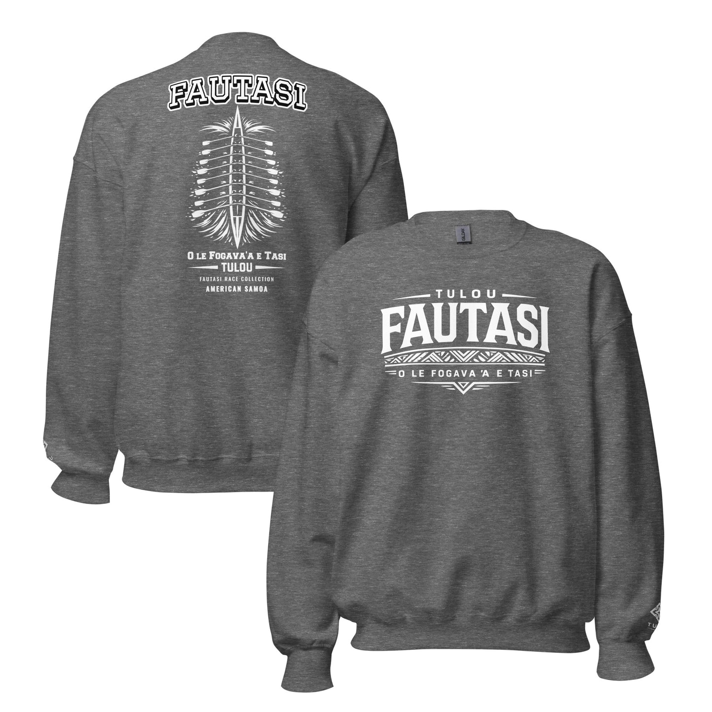 graphite grey sweatshirt with graphic design on the back and logo on the chest, displayed on a white background.