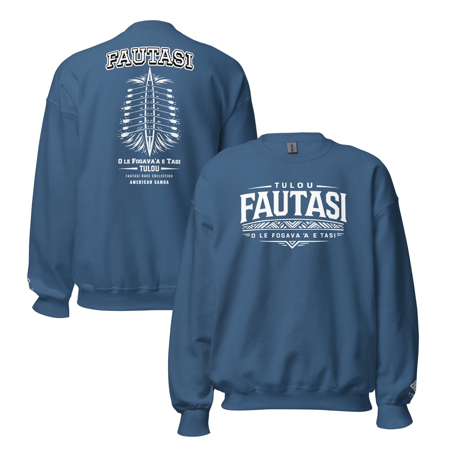 Indigo Blue sweatshirt with 'FAUTASI' branding on a white background