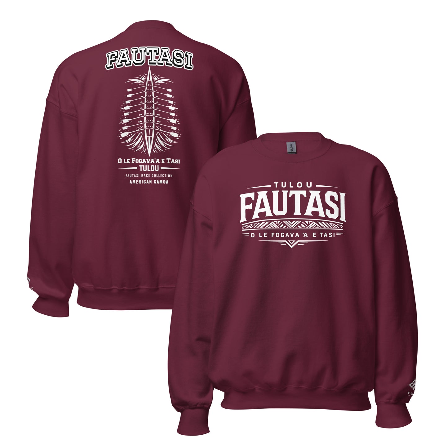 maroon sweatshirt with Fautasi design back and front against a white background