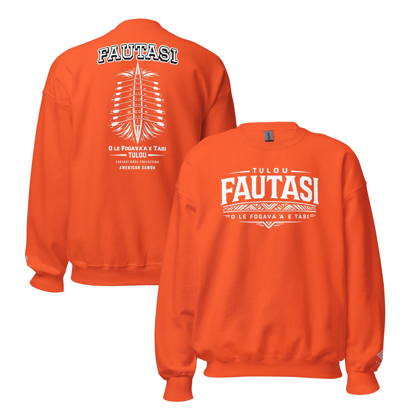 Orange sweatshirt with 'FAUTASI' branding on a white background