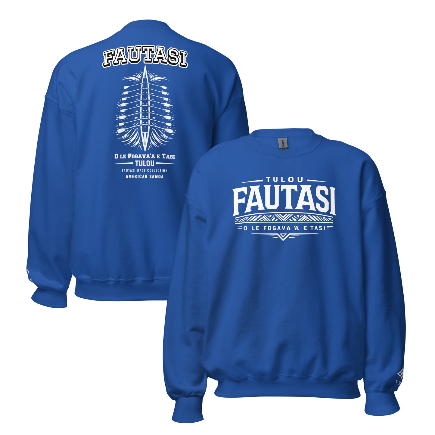royal blue sweatshirts with fautasi branding again white background
