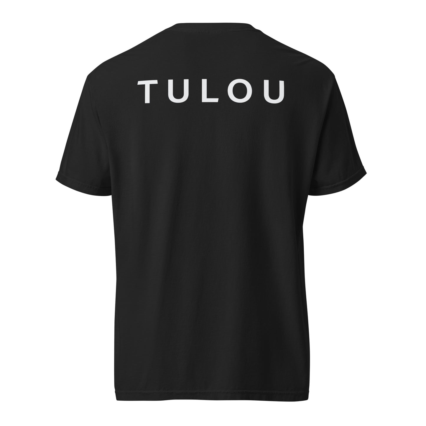 Black shirt with Tulou word logo on back on a white background