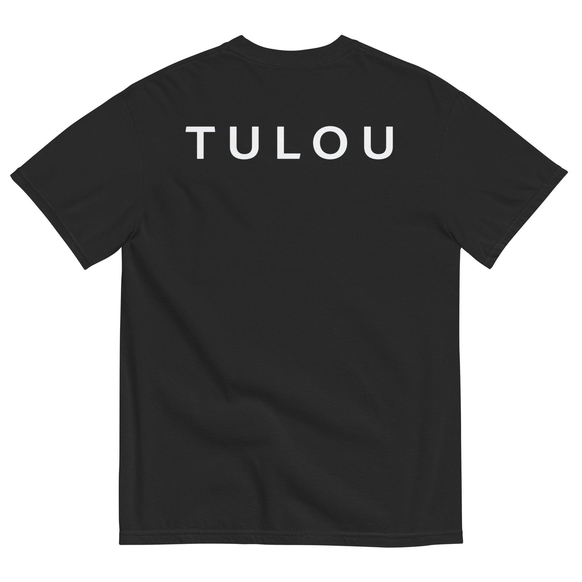 Black t-shirt with 'TULOU' printed on the back against a white background