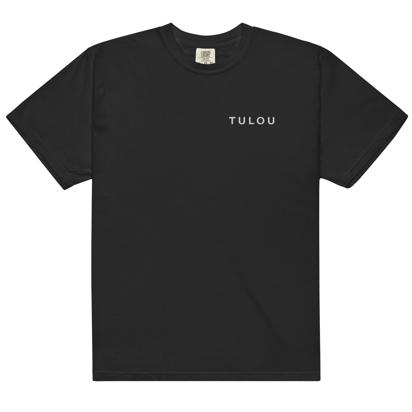 Black shirt with Tulou word logo on chest on white background