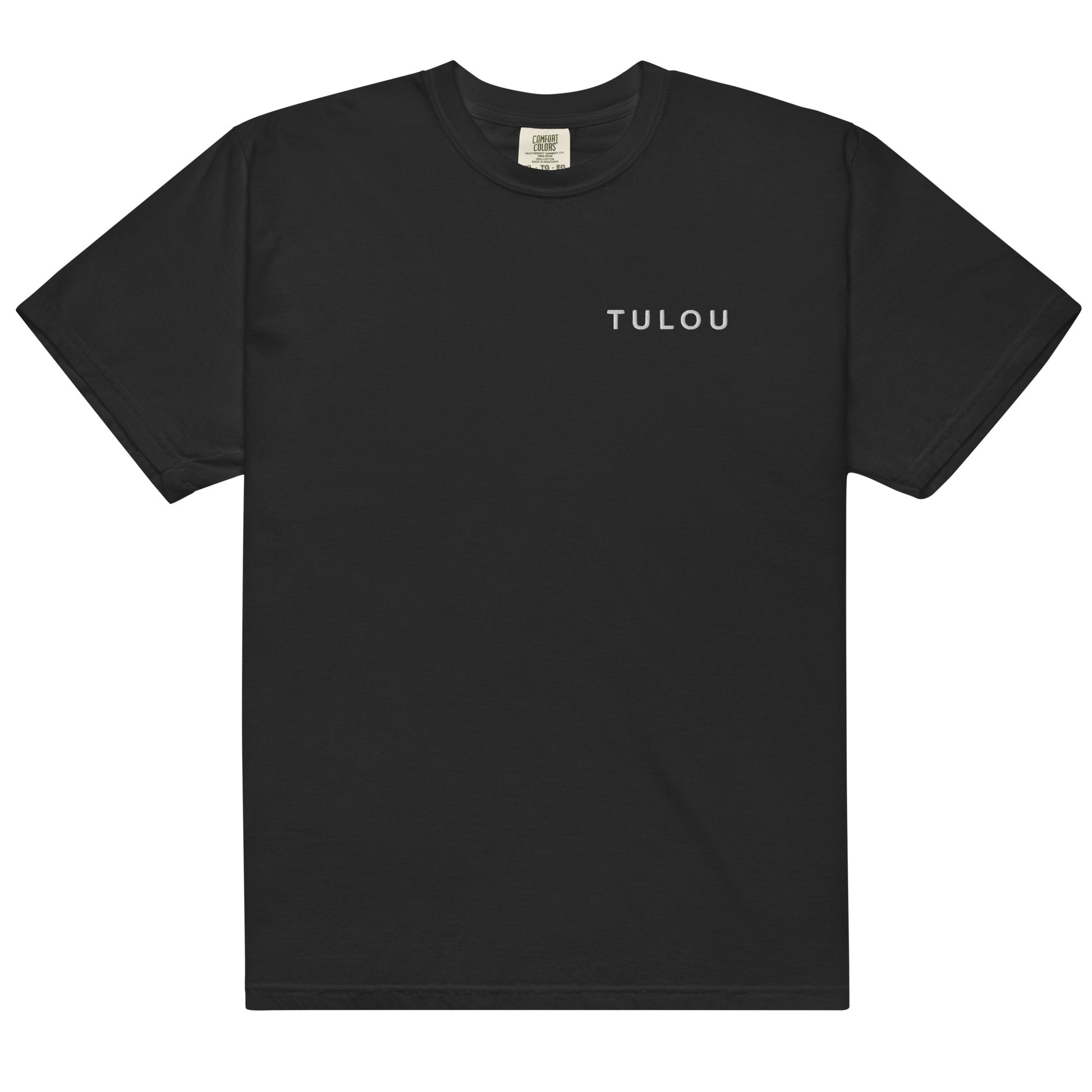 Black shirt with Tulou word logo on chest on white background