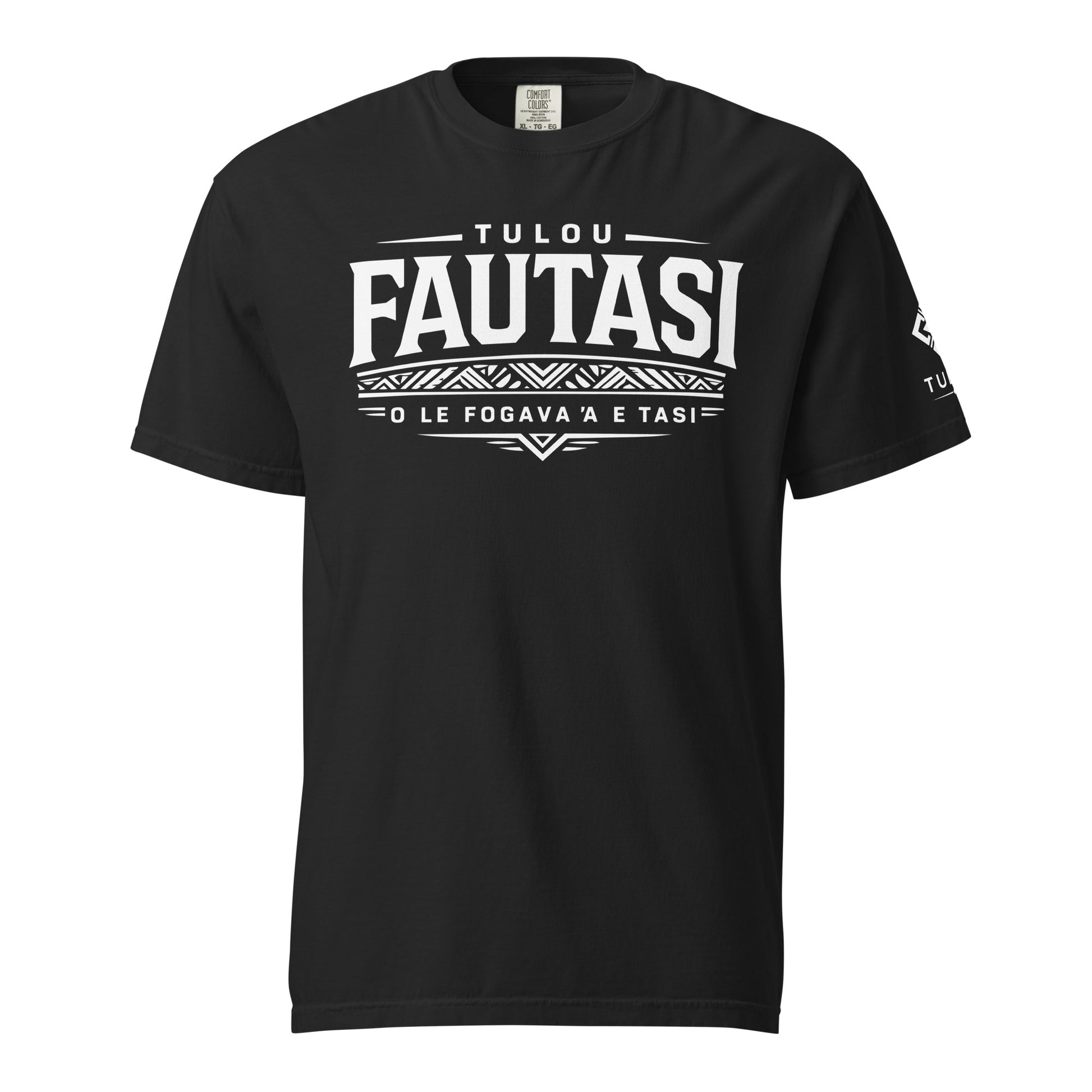 Black t-shirt with white Fautasi text on a white background